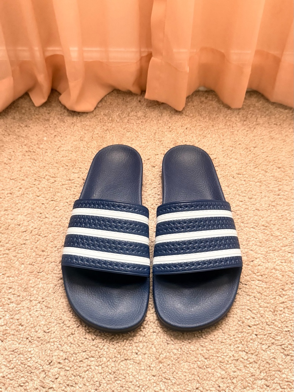 Navy Adidas Slides with White Stripes